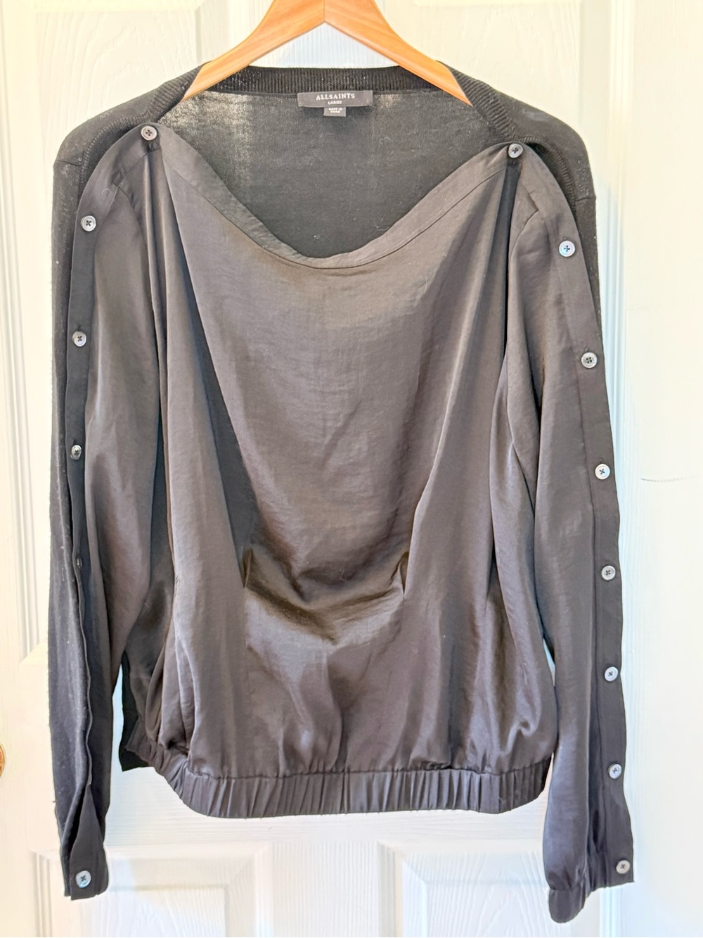 AllSaints Women’s Mixed Media Button Sleeve Bubble Hem Top - Size Large EUC